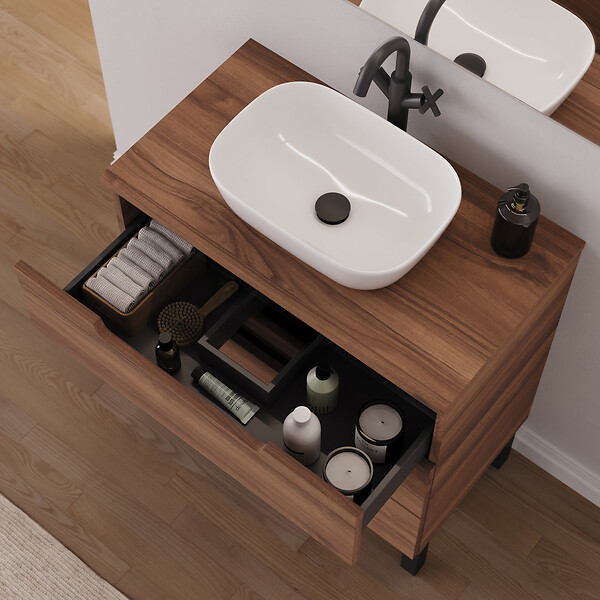 COSYNEO - Meuble de salle de bain 70cm avec plateau et vasque à poser arrondie - sans miroir - 3 tiroirs - noyer (bois foncé) - RIZA - large