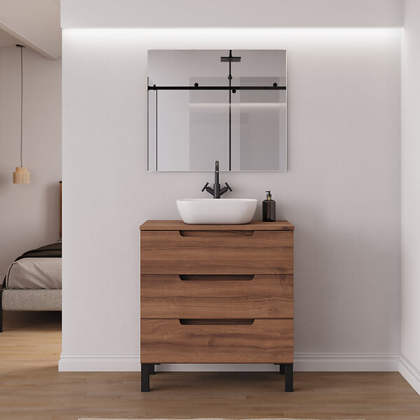 COSYNEO - Meuble de salle de bain 70cm avec plateau et vasque à poser arrondie - sans miroir - 3 tiroirs - noyer (bois foncé) - RIZA - large
