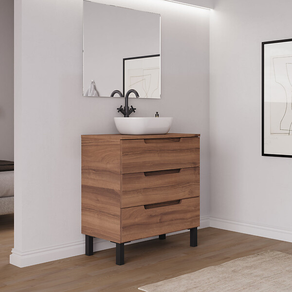 COSYNEO - Meuble de salle de bain 70cm avec plateau et vasque à poser arrondie - sans miroir - 3 tiroirs - noyer (bois foncé) - RIZA - large