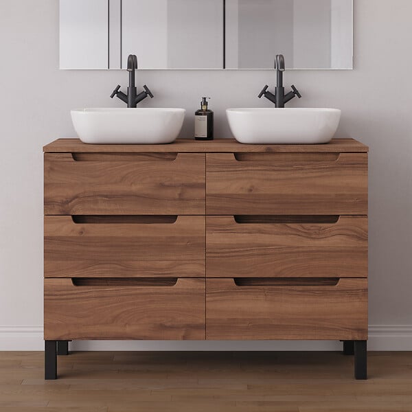 COSYNEO - Meuble de salle de bain 140cm avec plateau et 2 vasques à poser arrondies - 6 tiroirs - noyer (bois foncé) - RIZA - large