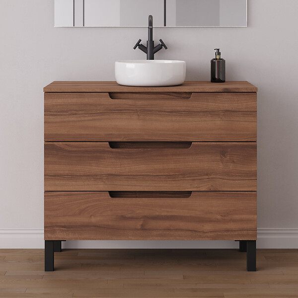 COSYNEO - Meuble de salle de bain 100cm avec plateau et vasque à poser ronde - 3 tiroirs - noyer (bois foncé) - RIZA - large