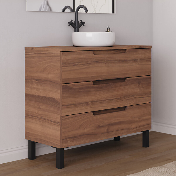 COSYNEO - Meuble de salle de bain 100cm avec plateau et vasque à poser ronde - 3 tiroirs - noyer (bois foncé) - RIZA - large