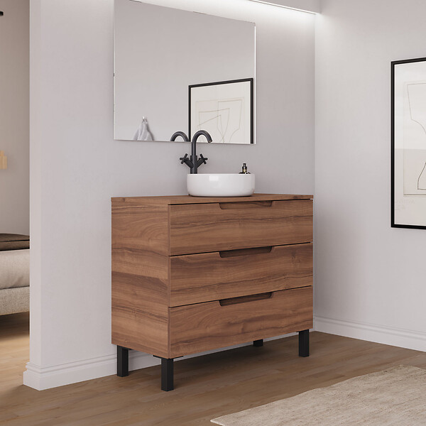 COSYNEO - Meuble de salle de bain 100cm avec plateau et vasque à poser ronde - 3 tiroirs - noyer (bois foncé) - RIZA - large