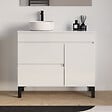 COSYNEO - Meuble de salle de bain 100cm avec plateau et vasque à poser ronde - porte et tiroirs - sans miroir - blanc brillant - LAZARO - vignette