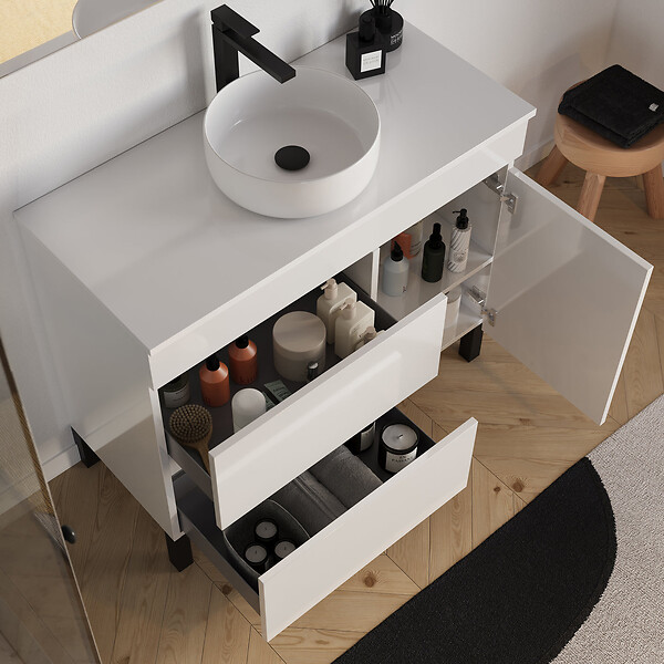 COSYNEO - Meuble de salle de bain 100cm avec plateau et vasque à poser ronde - porte et tiroirs - sans miroir - blanc brillant - LAZARO - large