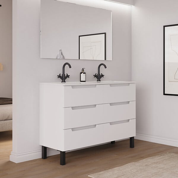COSYNEO - Meuble de salle de bain 140cm double vasque - 6 tiroirs - sans miroir - blanc mat - RIZA - large