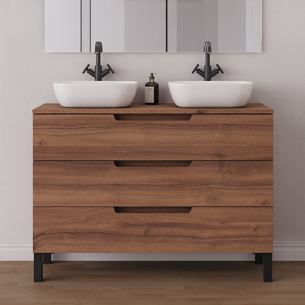 COSYNEO - Meuble de salle de bain 120cm avec plateau et 2 vasques à poser arrondies - 3 tiroirs - noyer (bois foncé) - RIZA - large