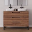 COSYNEO - Meuble de salle de bain 120cm avec plateau et 2 vasques à poser arrondies - 3 tiroirs - noyer (bois foncé) - RIZA - vignette