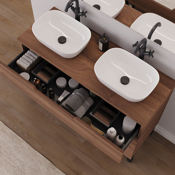 COSYNEO - Meuble de salle de bain 120cm avec plateau et 2 vasques à poser arrondies - 3 tiroirs - noyer (bois foncé) - RIZA - large