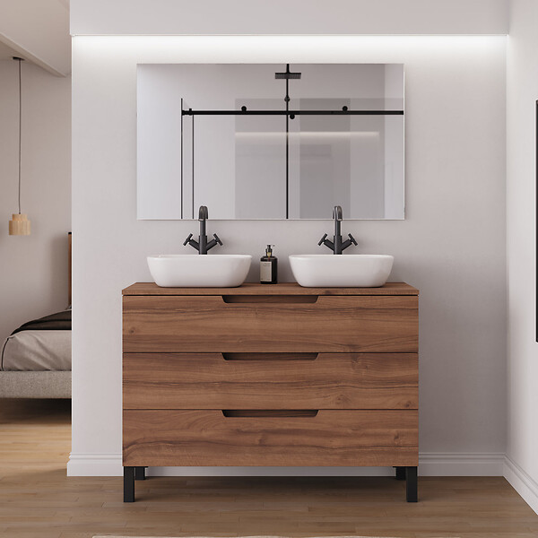 COSYNEO - Meuble de salle de bain 120cm avec plateau et 2 vasques à poser arrondies - 3 tiroirs - noyer (bois foncé) - RIZA - large