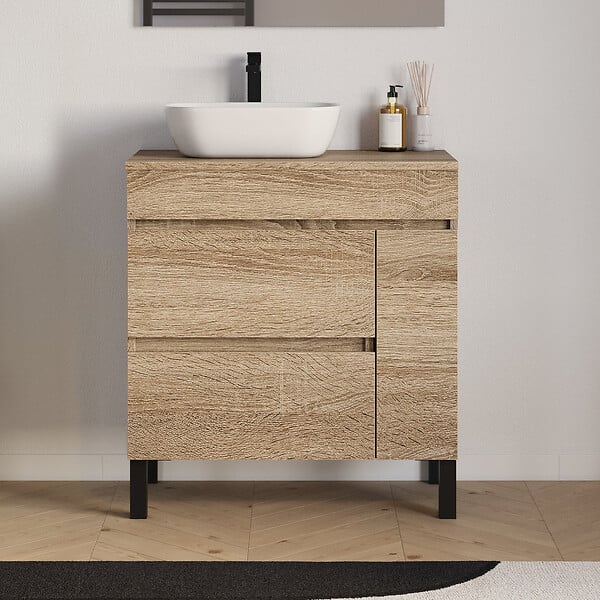 COSYNEO - Meuble de salle de bain 70cm avec plateau et vasque à poser arrondie - porte et tiroirs - sans miroir - cambrian (chêne clair) - LAZARO - large