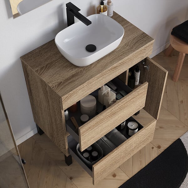 COSYNEO - Meuble de salle de bain 70cm avec plateau et vasque à poser arrondie - porte et tiroirs - sans miroir - cambrian (chêne clair) - LAZARO - large