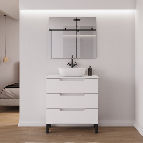COSYNEO - Meuble de salle de bain 60cm avec plateau et vasque à poser arrondie - sans miroir - 3 tiroirs - blanc mat - RIZA - large