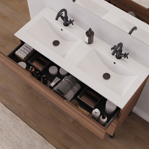 COSYNEO - Meuble de salle de bain 120cm double vasque - 3 tiroirs - sans miroir - noyer (bois foncé) - RIZA - large