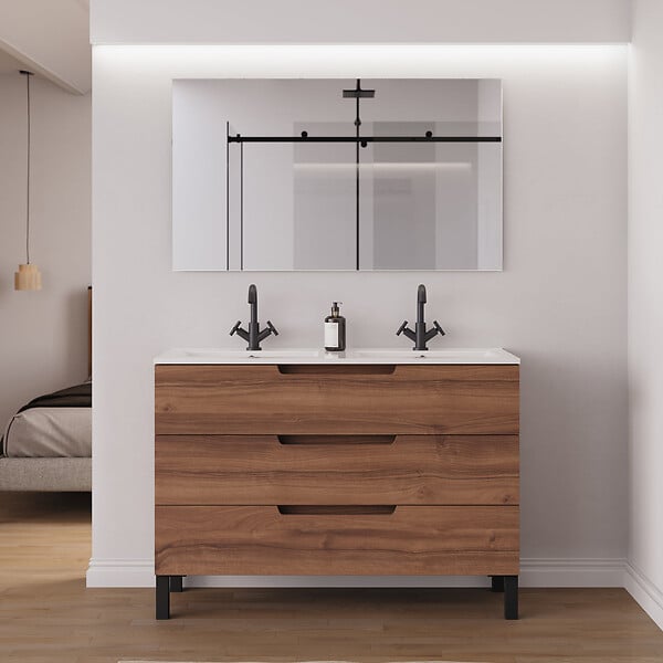 COSYNEO - Meuble de salle de bain 120cm double vasque - 3 tiroirs - sans miroir - noyer (bois foncé) - RIZA - large