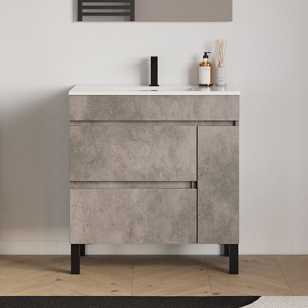 COSYNEO - Meuble de salle de bain 80cm simple vasque sur pieds avec porte et tiroirs - ciment (gris) - LAZARO - large