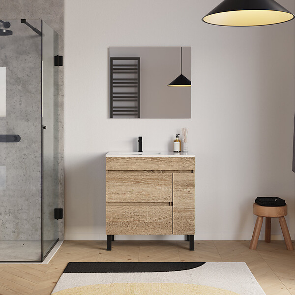 COSYNEO - Meuble de salle de bain 80cm sur pieds avec vasque déportée à gauche - sans miroir - porte et tiroirs - cambrian (chêne clair) - LAZARO - large