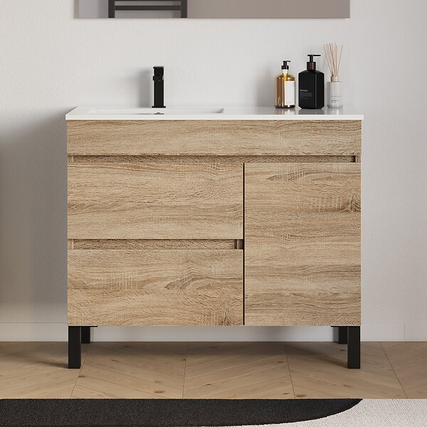 COSYNEO - Meuble de salle de bain 100cm sur pieds avec vasque déportée à gauche avec porte et tiroirs - cambrian (chêne clair) - LAZARO - large