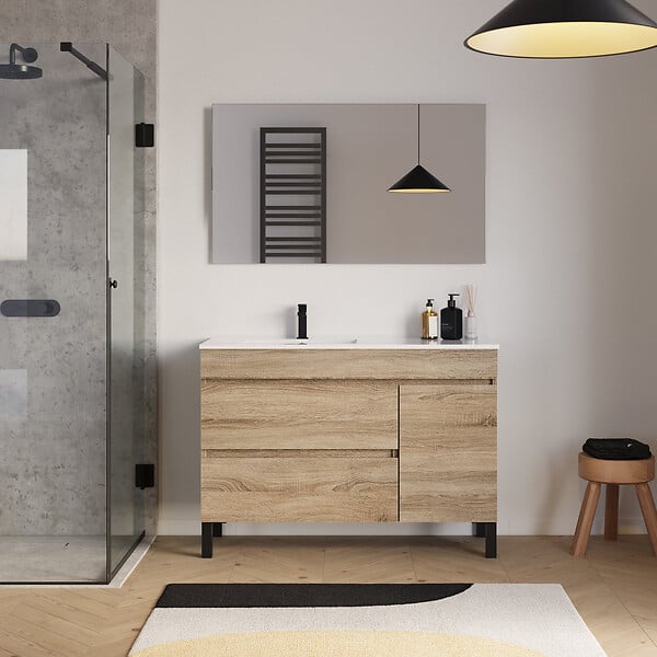 COSYNEO - Meuble de salle de bain 120cm sur pieds avec vasque déportée à gauche avec porte et tiroirs - cambrian (chêne clair) - LAZARO - large