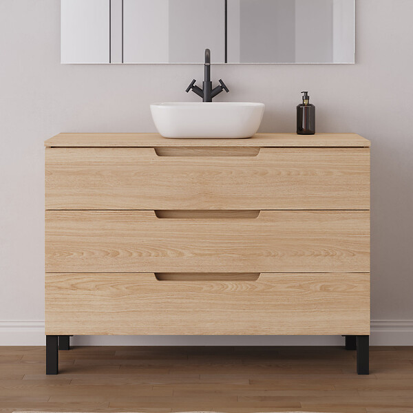 COSYNEO - Meuble de salle de bain 120cm avec plateau et vasque à poser arrondie - 3 tiroirs - roble era (chêne clair) - RIZA - large