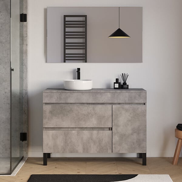 COSYNEO - Meuble de salle de bain 120cm avec plateau et vasque à poser ronde - porte et tiroirs - ciment (gris) - LAZARO - large