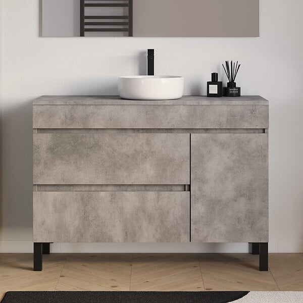 COSYNEO - Meuble de salle de bain 120cm avec plateau et vasque à poser ronde - porte et tiroirs - ciment (gris) - LAZARO - large