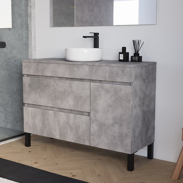 COSYNEO - Meuble de salle de bain 120cm avec plateau et vasque à poser ronde - porte et tiroirs - ciment (gris) - LAZARO - large