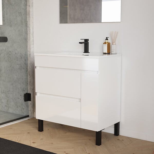 COSYNEO - Meuble de salle de bain 70cm simple vasque sur pieds avec porte et tiroirs - blanc brillant - LAZARO - large