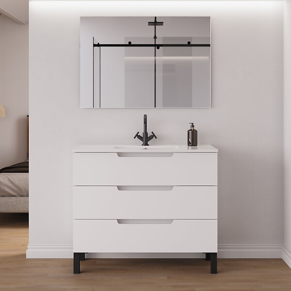 COSYNEO - Meuble de salle de bain 90cm simple vasque - 3 tiroirs - blanc mat - RIZA - large
