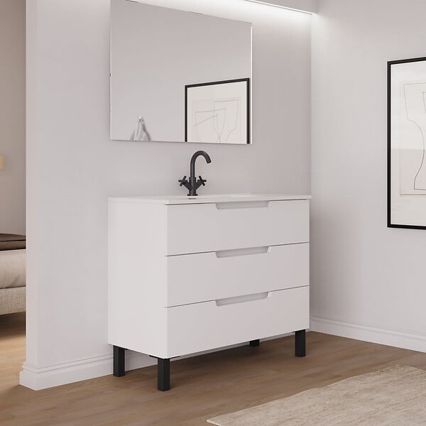 COSYNEO - Meuble de salle de bain 90cm simple vasque - 3 tiroirs - blanc mat - RIZA - large