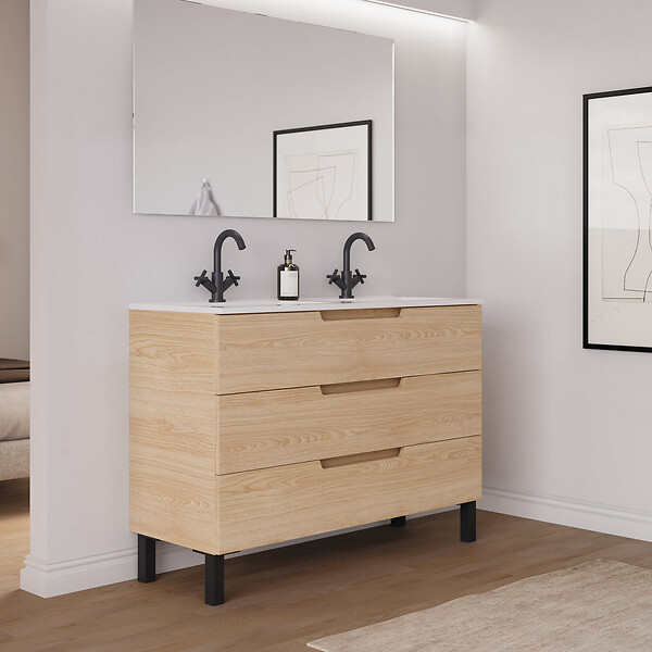 COSYNEO - Meuble de salle de bain 120cm double vasque - 3 tiroirs - sans miroir - roble era (chêne clair) - RIZA - large