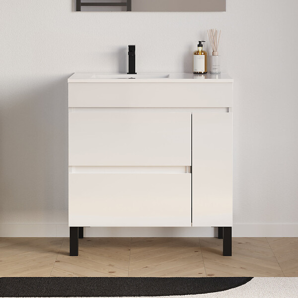 COSYNEO - Meuble de salle de bain 80cm sur pieds avec vasque déportée à gauche avec porte et tiroirs - blanc brillant - LAZARO - large