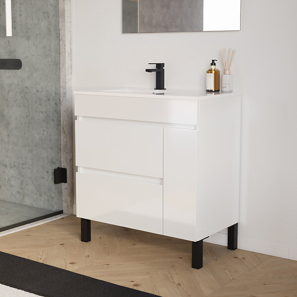 COSYNEO - Meuble de salle de bain 80cm sur pieds avec vasque déportée à gauche avec porte et tiroirs - blanc brillant - LAZARO - large