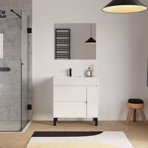 COSYNEO - Meuble de salle de bain 80cm sur pieds avec vasque déportée à gauche avec porte et tiroirs - blanc brillant - LAZARO - large