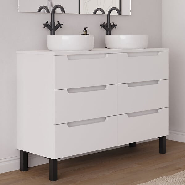COSYNEO - Meuble de salle de bain 120cm avec plateau et 2 vasques à poser rondes - 6 tiroirs - sans miroir - blanc mat - RIZA - large