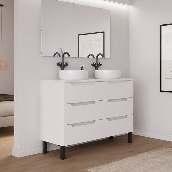 COSYNEO - Meuble de salle de bain 120cm avec plateau et 2 vasques à poser rondes - 6 tiroirs - sans miroir - blanc mat - RIZA - large