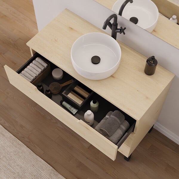 COSYNEO - Meuble de salle de bain 90cm avec plateau et vasque à poser ronde - 3 tiroirs - roble calima (bois clair) - RIZA - large