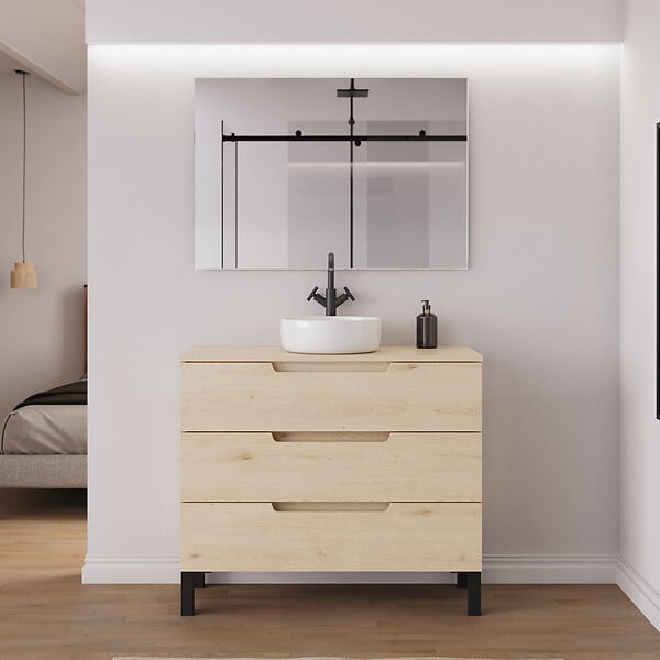 COSYNEO - Meuble de salle de bain 90cm avec plateau et vasque à poser ronde - 3 tiroirs - roble calima (bois clair) - RIZA - large