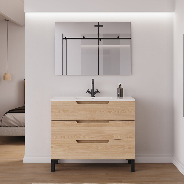 COSYNEO - Meuble de salle de bain 90cm simple vasque - 3 tiroirs - roble era (chêne clair) - RIZA - large