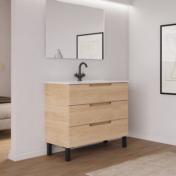 COSYNEO - Meuble de salle de bain 90cm simple vasque - 3 tiroirs - roble era (chêne clair) - RIZA - large