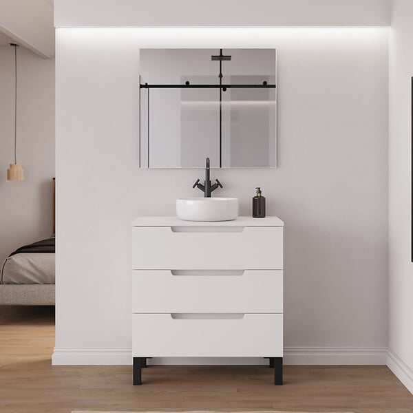 COSYNEO - Meuble de salle de bain 60cm avec plateau et vasque à poser ronde - sans miroir - 3 tiroirs - blanc mat - RIZA - large