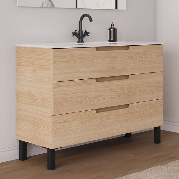 COSYNEO - Meuble de salle de bain 120cm simple vasque - 3 tiroirs - sans miroir - roble era (chêne clair) - RIZA - large