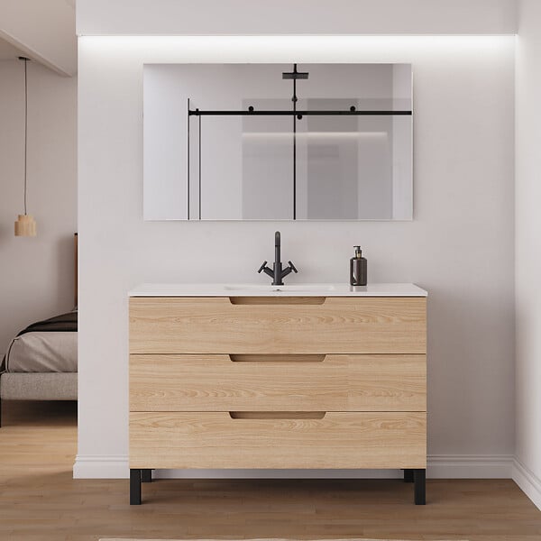 COSYNEO - Meuble de salle de bain 120cm simple vasque - 3 tiroirs - sans miroir - roble era (chêne clair) - RIZA - large