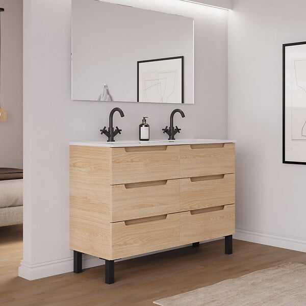 COSYNEO - Meuble de salle de bain 140cm double vasque - 6 tiroirs - roble era (chêne clair) - RIZA - large