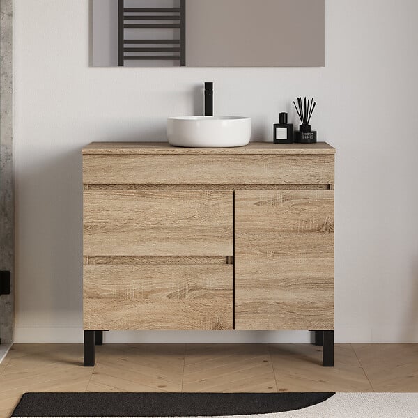 COSYNEO - Meuble de salle de bain 100cm avec plateau et vasque à poser ronde - porte et tiroirs - cambrian (chêne clair) - LAZARO - large