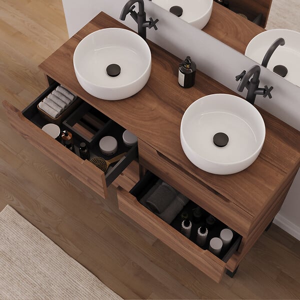 COSYNEO - Meuble de salle de bain 140cm avec plateau et 2 vasques à poser rondes - 6 tiroirs - noyer (bois foncé) - RIZA - large