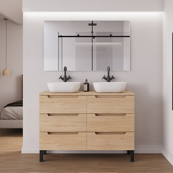 COSYNEO - Meuble de salle de bain 140cm avec plateau et 2 vasques à poser arrondies - 6 tiroirs - roble era (chêne clair) - RIZA - large