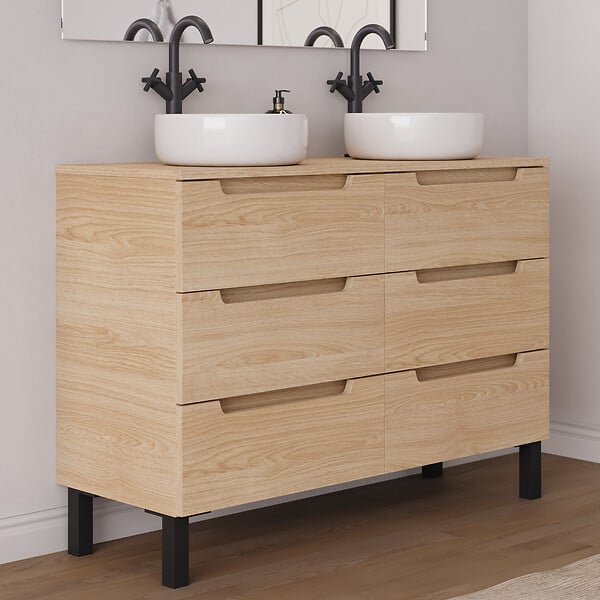 COSYNEO - Meuble de salle de bain 120cm avec plateau et 2 vasques à poser rondes - 6 tiroirs - roble era (chêne clair) - RIZA - large