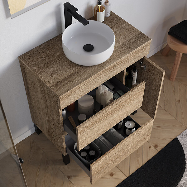COSYNEO - Meuble de salle de bain 80cm avec plateau et vasque à poser ronde - porte et tiroirs - sans miroir - cambrian (chêne clair) - LAZARO - large