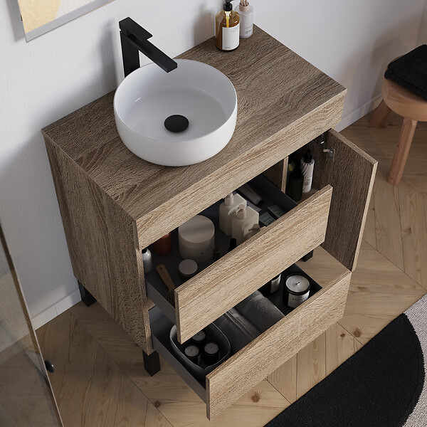 COSYNEO - Meuble de salle de bain 80cm avec plateau et vasque à poser ronde - porte et tiroirs - sans miroir - cambrian (chêne clair) - LAZARO - large